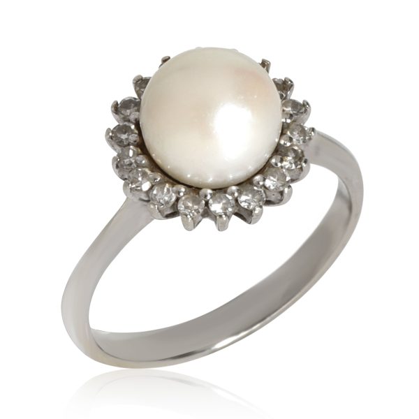 Pearl Diamond Halo Ring in 18K White Gold 02 CTW Pearl Diamond Halo Ring in 18K White Gold 02 CTW