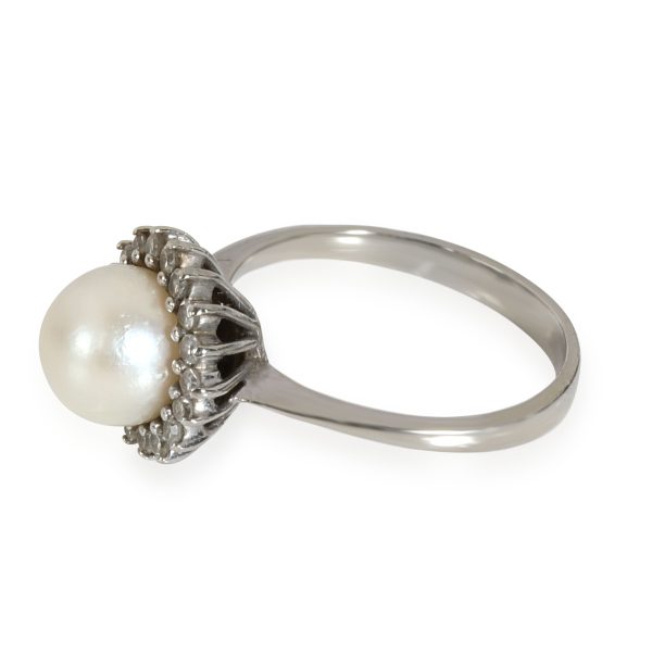 White Gold Fashion Ring Pearl Diamond Halo Ring in 18K White Gold 02 CTW