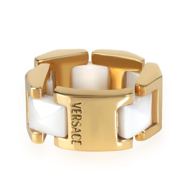 111327 bv ff9227f3 de93 480e 8f69 c1d54e8c7cf2 Versace White Ceramic Pyramids Flexible Ring in 18K Yellow Gold