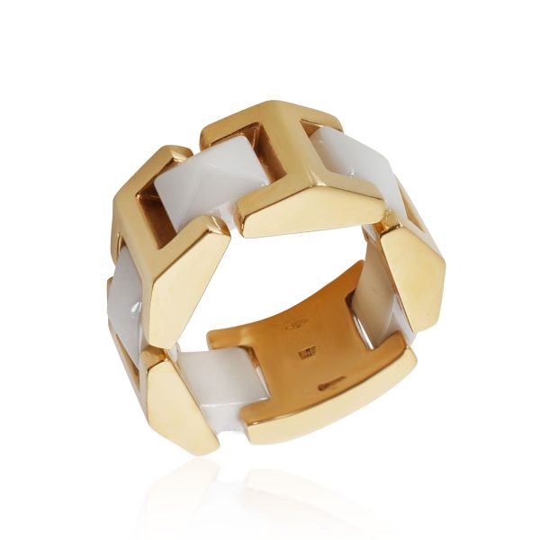 111327 pv 1ee84c91 b639 4654 8ec7 03259efbf2bc Versace White Ceramic Pyramids Flexible Ring in 18K Yellow Gold