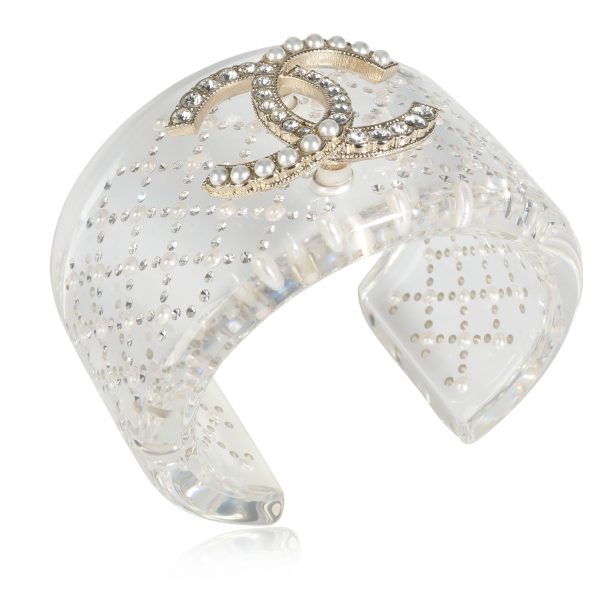 111443 av Chanel Clear Resin Strass Pearl Double C Logo Wide Bangle