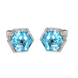 Effy Hexagon Blue Topaz Diamond Earring in 14K White Gold Blue 016 CTW Cart