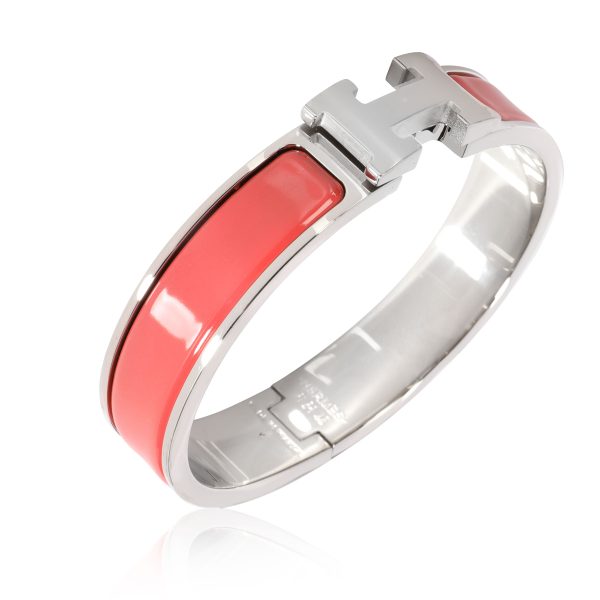 112196 av b5301c93 ae88 405a ae49 63ce71918d3d Hermes Clic H Rouge Corail Palladium Plated Bracelet Size PM