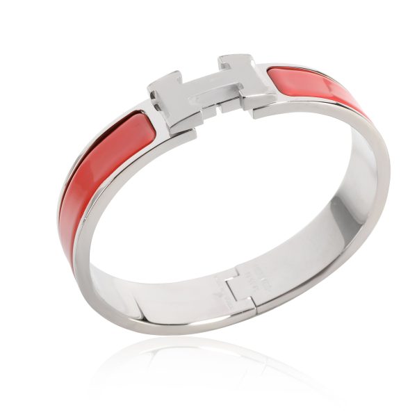 112196 pv f5fb92f2 c849 4422 bb45 d410052596bf Hermes Clic H Rouge Corail Palladium Plated Bracelet Size PM