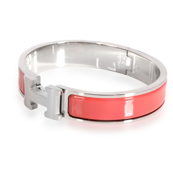 112196 sv 0e8d6b2b e0d0 4ce4 979f 964cac0265d8 Hermes Clic H Rouge Corail Palladium Plated Bracelet Size PM