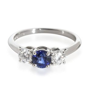 Tiffany Co Three Stone Sapphire Diamond Ring in Platinum Blue 05 CTW Cart