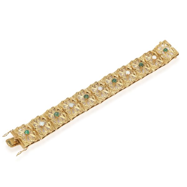 112803 pv Estate Panel Bracelet with Emerald Opal Cabochon Centers 18K Yellow Gold