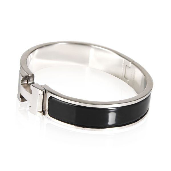 Black Hermes Clic H Palladium Plated Bracelet Black Size PM