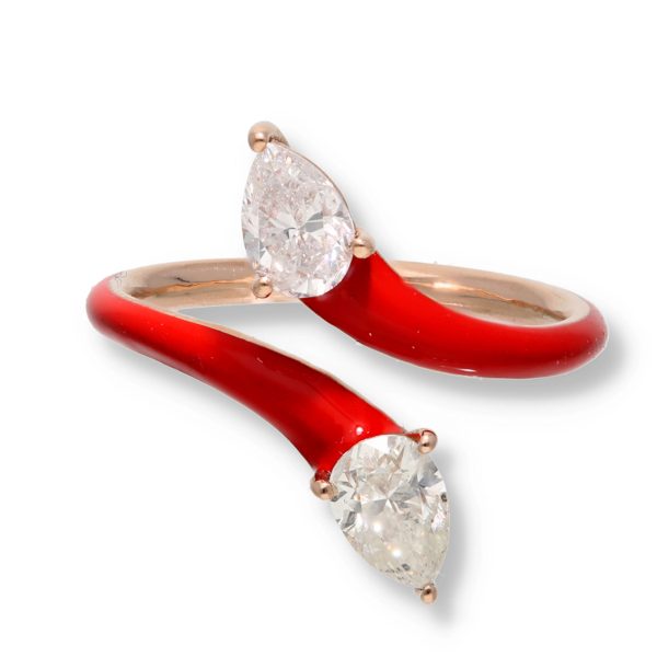 myGemma Pear Shape Diamonds Crossover Red Enamel Ring 14K Rose Gold 101 CTW