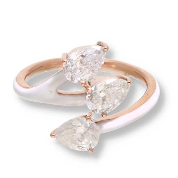 myGemma Pear Diamond Bypass White Enamel Ring in 14K Rose Gold 162 CTW