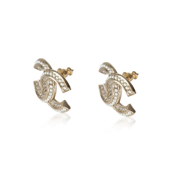 113075 sv Chanel Costume Golden Crystal Pearly White Double C Studs