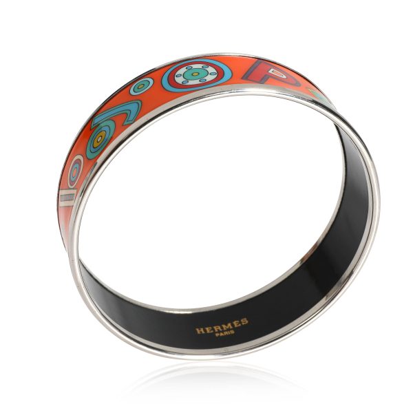 113543 pv f081aafb 5b2d 4c19 b709 6346193068b6 Palladium Plated Hermes Vintage Orange Tohu Bohu Wide Enamel Bangle 62MM