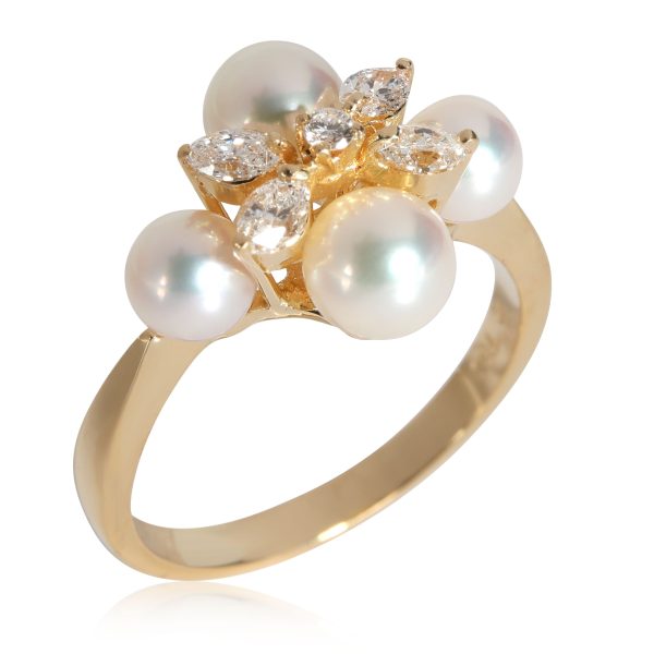 Mikimoto Pearl Diamond Cluster Ring in 18k Yellow Gold 030 CTW Mikimoto Pearl Diamond Cluster Ring in 18k Yellow Gold 030 CTW