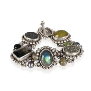 Stephen Dweck 5 Gemstone Station Bracelet with Beaded Edge in Sterling Silver FENDI Baguette Black Silk with Crystal Buckle