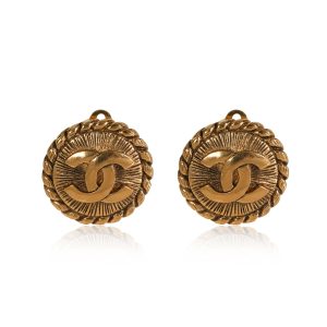 Vintage Chanel Gold Tone CC Button Rope Edge Clip On Earrings Cart