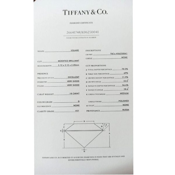 Tiffany Co Diamond Princess Cut Engagement Ring in Platinum D VS1 018 CTW Tiffany Co Diamond Princess Cut Engagement Ring in Platinum D VS1 018 CTW