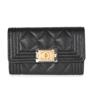 Chanel Black Quilted Caviar Boy Flap Card Holder Cart