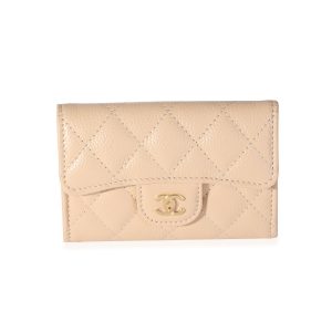 Chanel Beige Quilted Caviar Flap Card Holder Wallet Cart