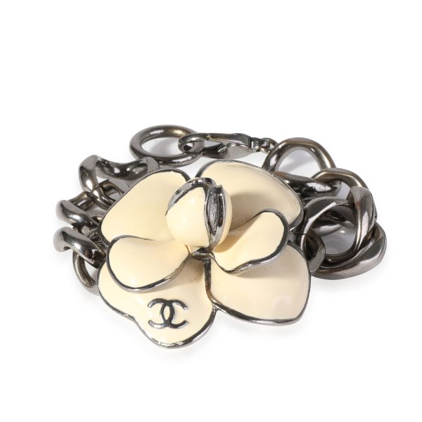 Chanel Blackened Metal Large Camellia Flower Bracelet Chanel Blackened Metal Large Camellia Flower Bracelet