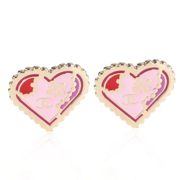 Silver Tone Chanel Enamel Heart Stud Earring Silver Tone Chanel Enamel Heart Stud Earring