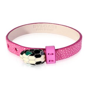 Silver Tone Bvlgari Serpenti Forever Bracelet On Pink Leather Gucci Micro GG Enamel Agenda Notebook Cover Purple