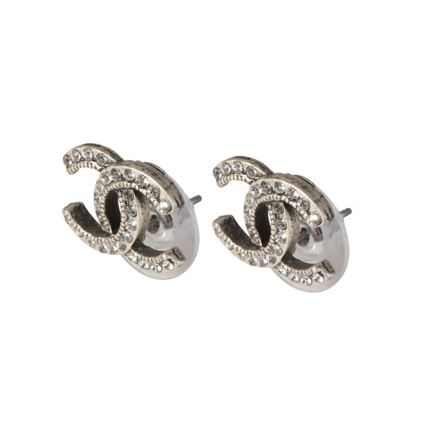 119693 sv White Metal Chanel CC Strass Stud Earring