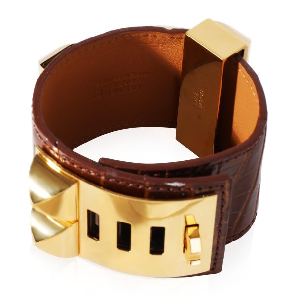 120288 av Hermès Collier De Chien Brown Leather Gold Tone Cuff