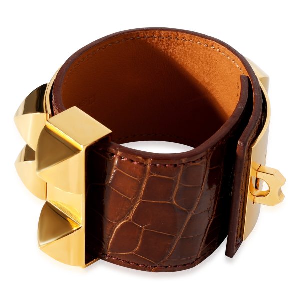 120288 sv Hermès Collier De Chien Brown Leather Gold Tone Cuff