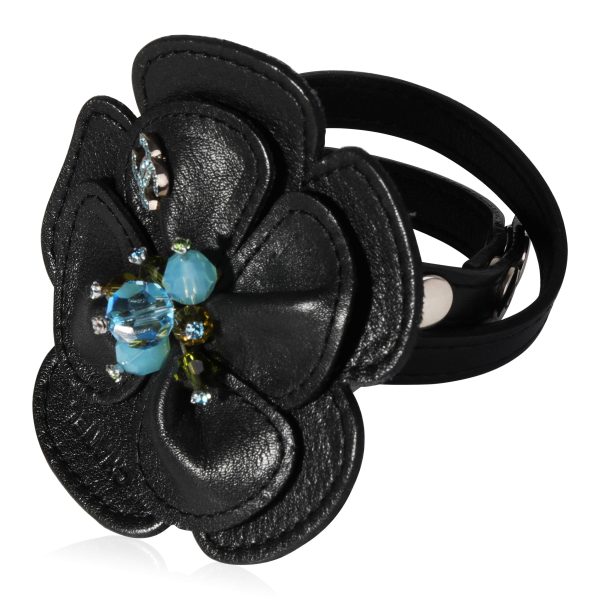 121306 sv Chanel Black Leather Camellia Wrap BraceletChoker Necklace Green Blue Beads