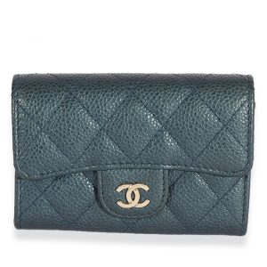 Chanel Blue Quilted Caviar Flap Card Holder Wallet Fendi F Logo Hardware Leather 2way Mini Shoulder Bag Black