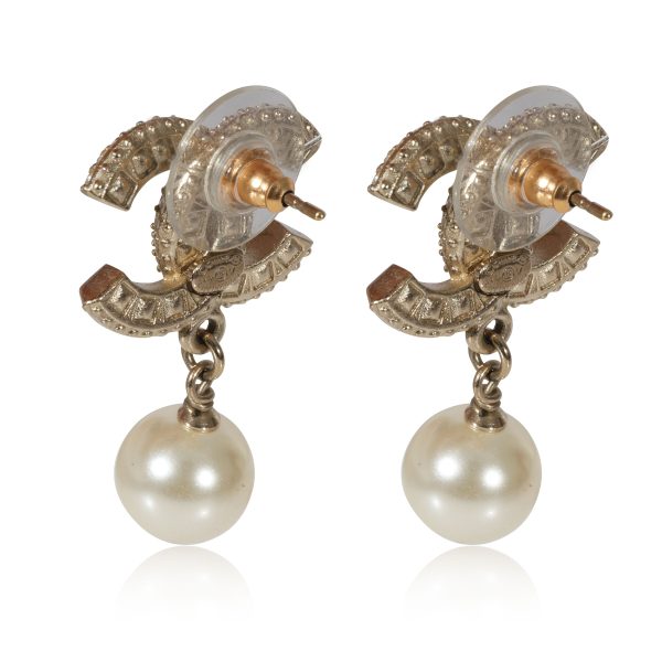 122310 bv Chanel Gold Tone CC Strass Pearl Dangle Earrings