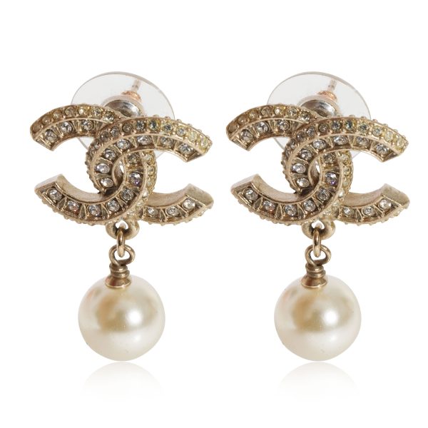 Chanel Gold Tone CC Strass Pearl Dangle Earrings Chanel Gold Tone CC Strass Pearl Dangle Earrings