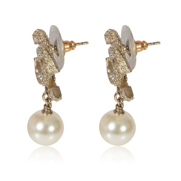 122310 sv Chanel Gold Tone CC Strass Pearl Dangle Earrings