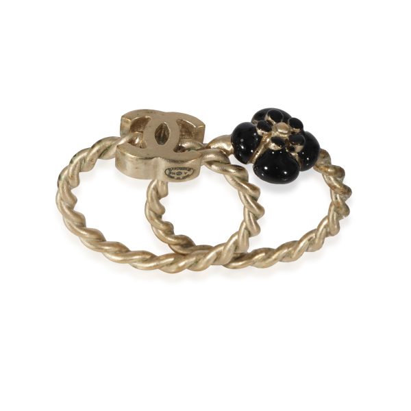 122313 bv Chanel Gold Tone CC Black Enamel Flower Ring Set