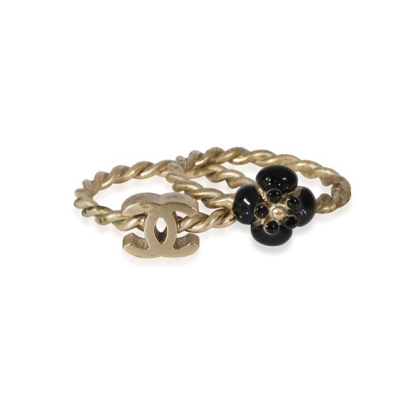 Chanel Gold Tone CC Black Enamel Flower Ring Set Chanel Gold Tone CC Black Enamel Flower Ring Set