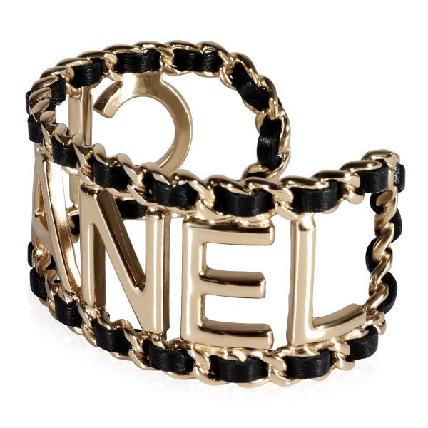 Size Medium Gold Tone Chanel Leather Logo Chain Cuff Size Medium