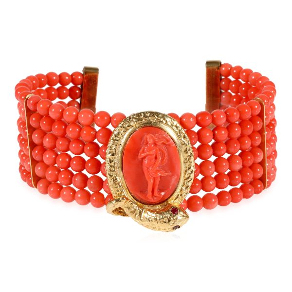 Italian Bracelet Italian Bracelet Coral Beads Cameo Center 18k Yellow Gold with Snake Detail