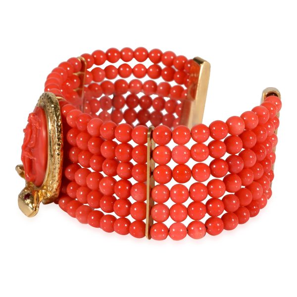 Coral Beads Cameo Center Italian Bracelet Coral Beads Cameo Center 18k Yellow Gold with Snake Detail