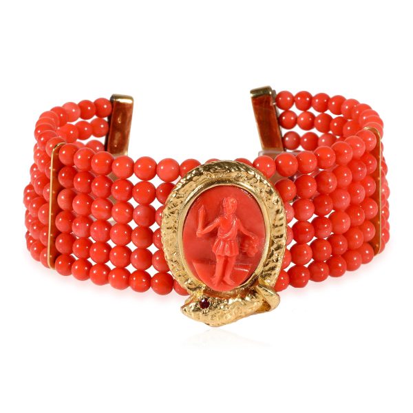 Coral Beads Cameo Center Bracelet in 18k Yellow Gold with Snake Detail Coral Beads Cameo Center Bracelet in 18k Yellow Gold with Snake Detail