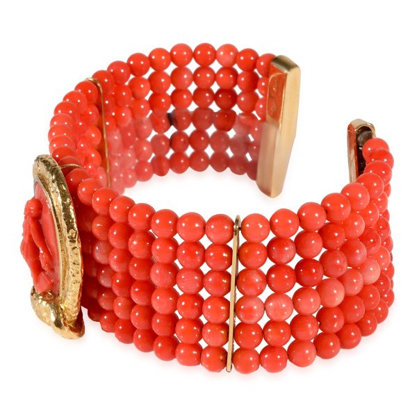 122737 sv 2a0a7be9 88b2 4ed2 a7c5 e7e27ec31847 Coral Beads Cameo Center Bracelet in 18k Yellow Gold with Snake Detail