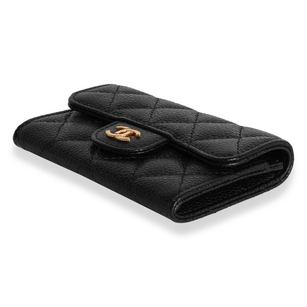 123027 stamp Chanel Black Quilted Caviar Flap Card Holder Wallet