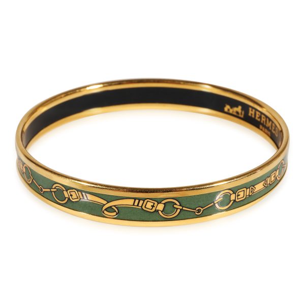 123189 sv cbd600b9 2719 4859 9432 fdba4b3f9372 Hermes Gold Plated Narrow Green Enamel Mors de Filet Bangle 62MM