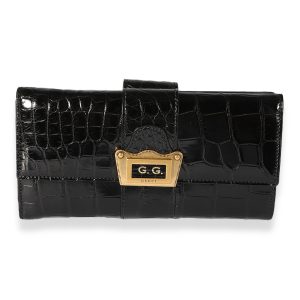 Gucci Black Crocodile Embossed Long Flap Wallet Cart