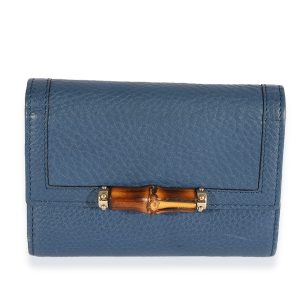 Gucci Blue Pebbled Leather Bamboo Trifold Wallet Cart