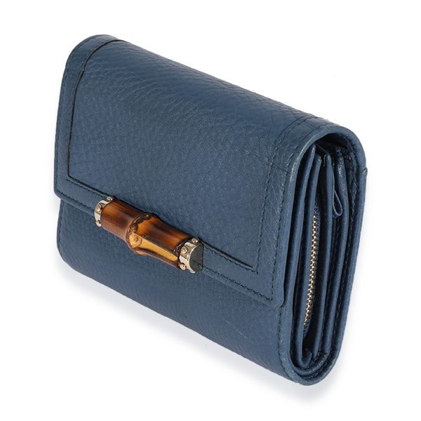 123424 sv 1dddeb17 5d2c 4e1b bf93 022d0f81d297 Gucci Blue Pebbled Leather Bamboo Trifold Wallet