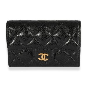 Chanel Black Quilted Caviar Flap Card Holder Wallet Kieselstein Cord Crown on Heart Earrings in 18K Yellow Gold