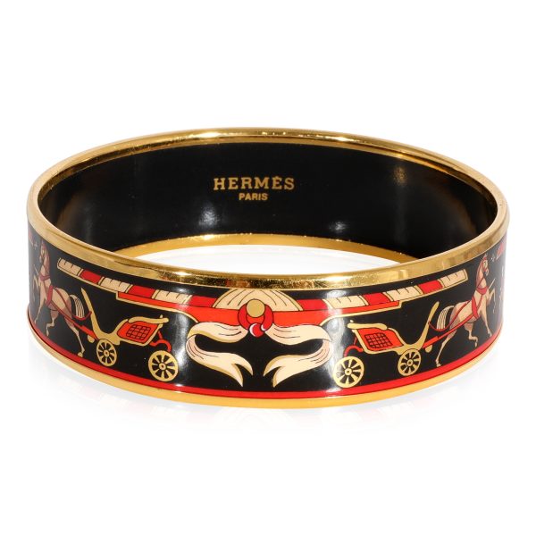 Hermès Plated Black Background Enamel Wide Bracelet with Calache Design 62MM Hermès Plated Black Background Enamel Wide Bracelet with Calache Design 62MM