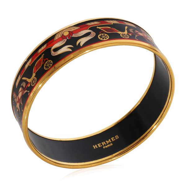 124296 pv 741954a5 28d8 41c4 b070 5aac33c18311 Hermès Plated Black Background Enamel Wide Bracelet with Calache Design 62MM