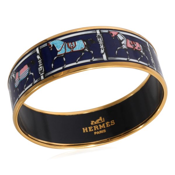 124304 av Gold Tone Hermes Wide Enamel Couvertures et Tenues de Jour Bangle Navy Blue