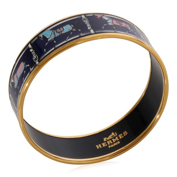 124304 pv Gold Tone Hermes Wide Enamel Couvertures et Tenues de Jour Bangle Navy Blue